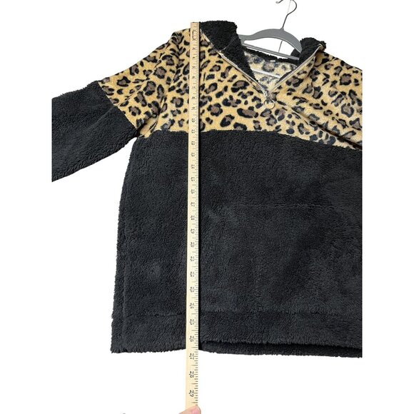 Leopard Print & Black Sherpa Fleece Half Zip Pullover Hoodie XXL Fits like L-XL - Picture 6 of 9